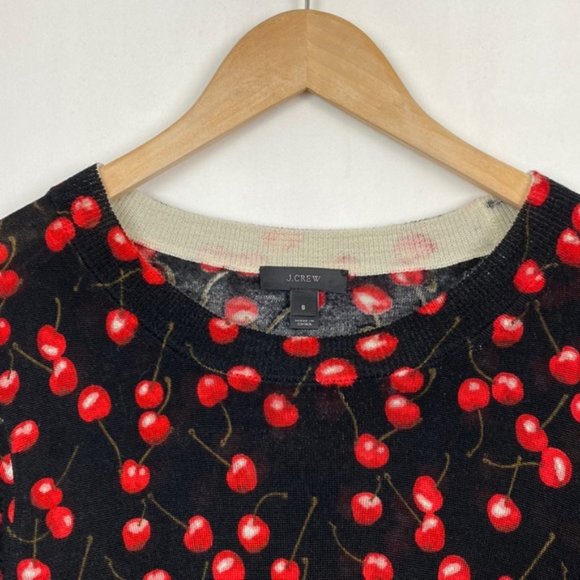 J.Crew S Cherry Print Tippi Sweater Black & Red 100% Merino Wool - Picture 1 of 12